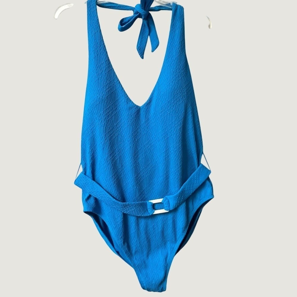 Shade & Shore Textured Halter Belted High Leg One Piece Swimsuit XL Blue NWT